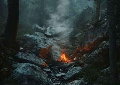 A small fire burning between rocks in a misty forest clearing, with smoke rising into the air.