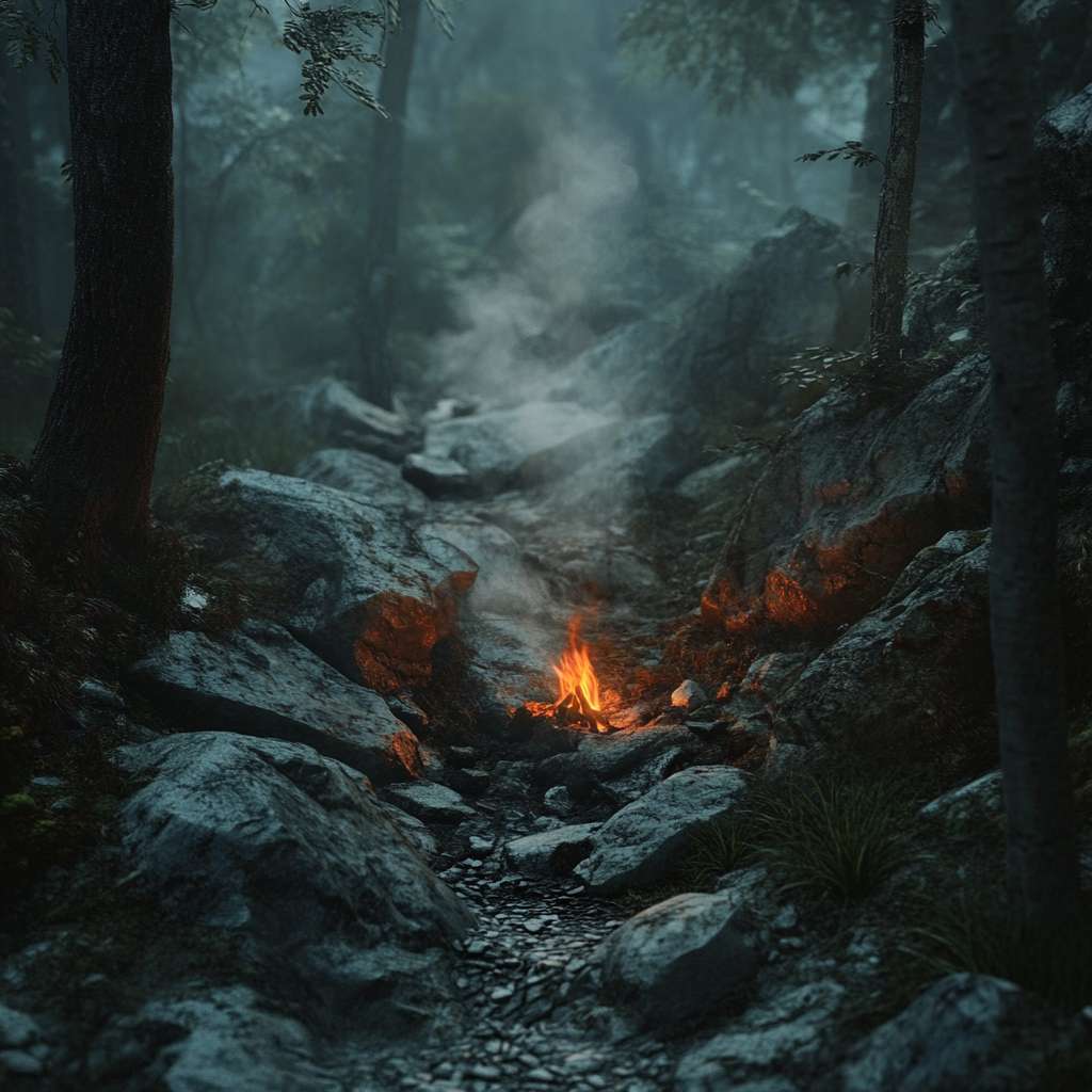 A small fire burning between rocks in a misty forest clearing, with smoke rising into the air.