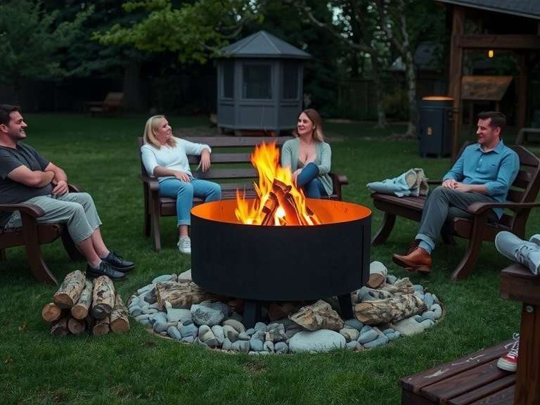 Cozy backyard with a sturdy metal wood-burning fire pit surrounded by lush green grass and rustic wooden benches, flames flickering, illuminating friends gathered around, with a natural stone border and scattered logs for warmth under a starlit sky.