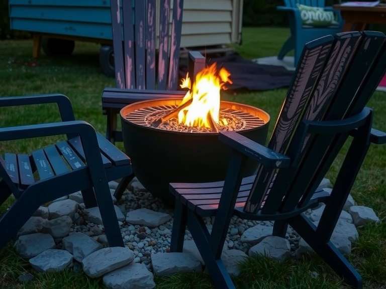 Sturdy backyard charcoal fire pit surrounded by uneven flagstones and mismatched chairs, casting a warm glow in the dusky sky with flickering flames, evoking cozy gatherings and shared stories amidst smoke and the sounds of crickets.
