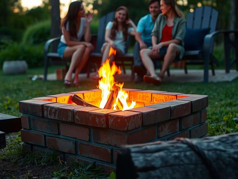"Backyard camping fire pit glowing in dusk light, surrounded by friends with flickering flames, weathered bricks, rustic log seat, and smoke creating a cozy atmosphere for storytelling and laughter."