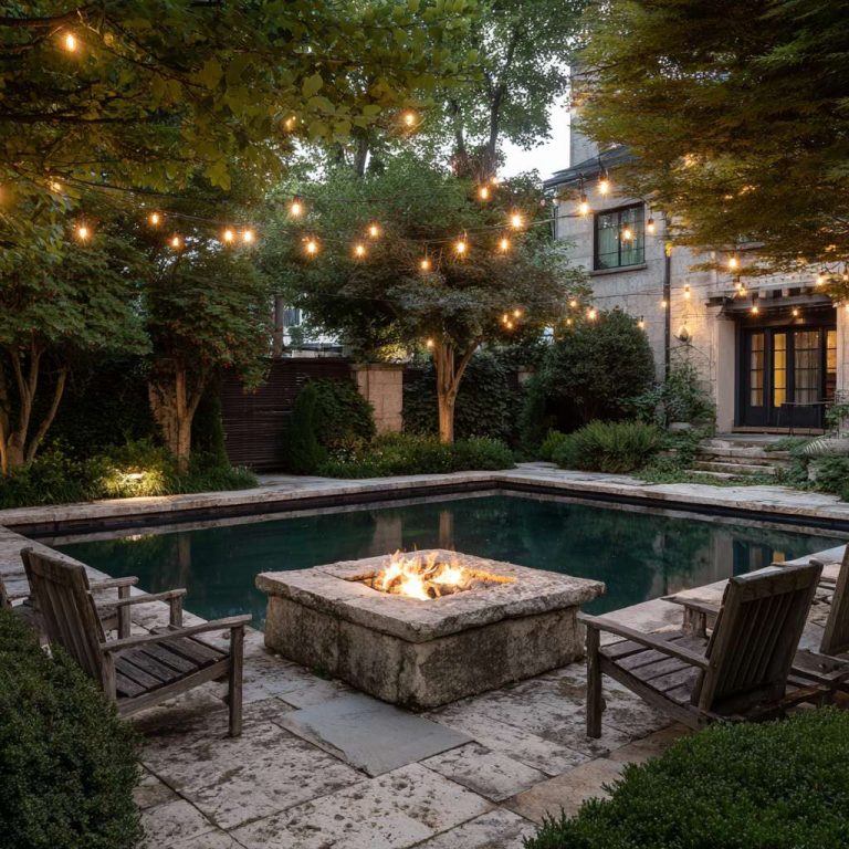 Tranquil backyard scene featuring a square stone fire pit beside an inground pool, surrounded by lush greenery and illuminated by overhead string lights, creating a cozy oasis for relaxation and gatherings.