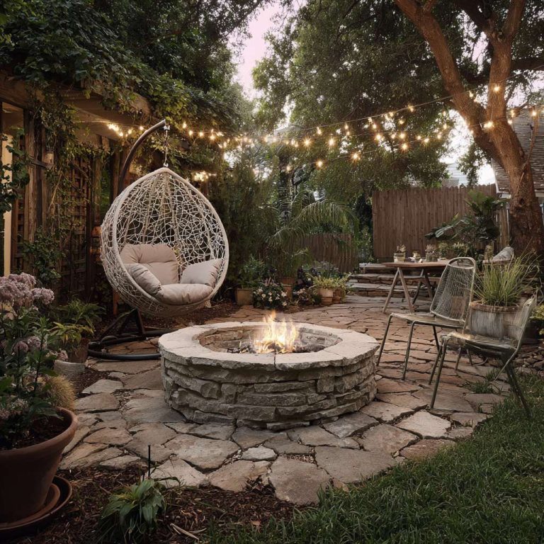 Charming backyard with a circular rustic stone fire pit at the center, surrounded by mismatched outdoor seating, a suspended egg chair, and soft string lights, framed by lush greenery for a cozy evening hangout.