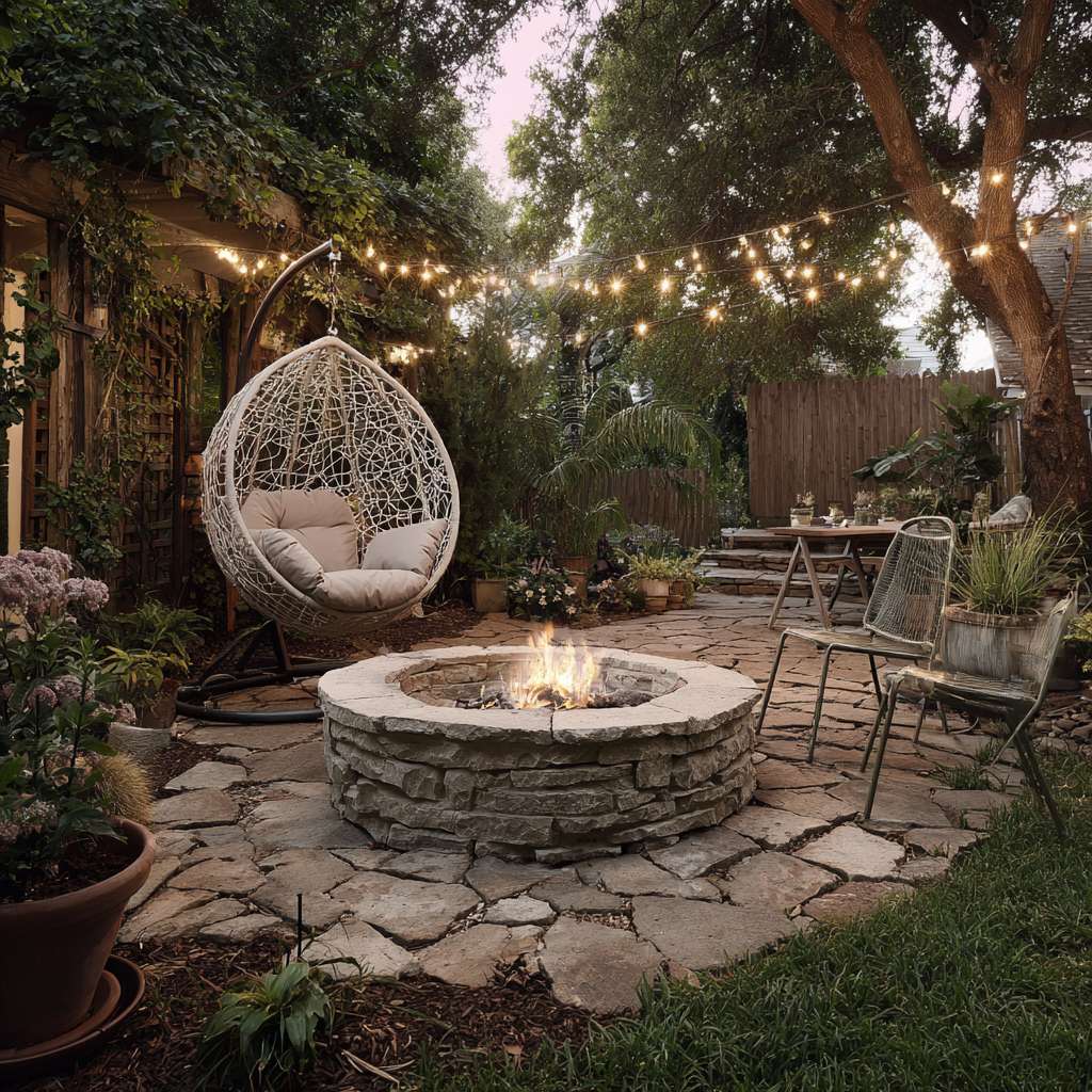 Charming backyard with a circular rustic stone fire pit at the center, surrounded by mismatched outdoor seating, a suspended egg chair, and soft string lights, framed by lush greenery for a cozy evening hangout.