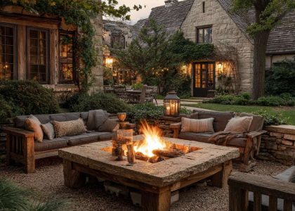 Cozy outdoor space with a sunken wood-burning stone fire pit, surrounded by weathered patio furniture, framed by lush greenery, creating an inviting atmosphere perfect for gatherings under the open sky.