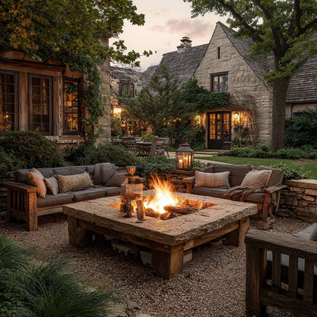 Cozy outdoor space with a sunken wood-burning stone fire pit, surrounded by weathered patio furniture, framed by lush greenery, creating an inviting atmosphere perfect for gatherings under the open sky.