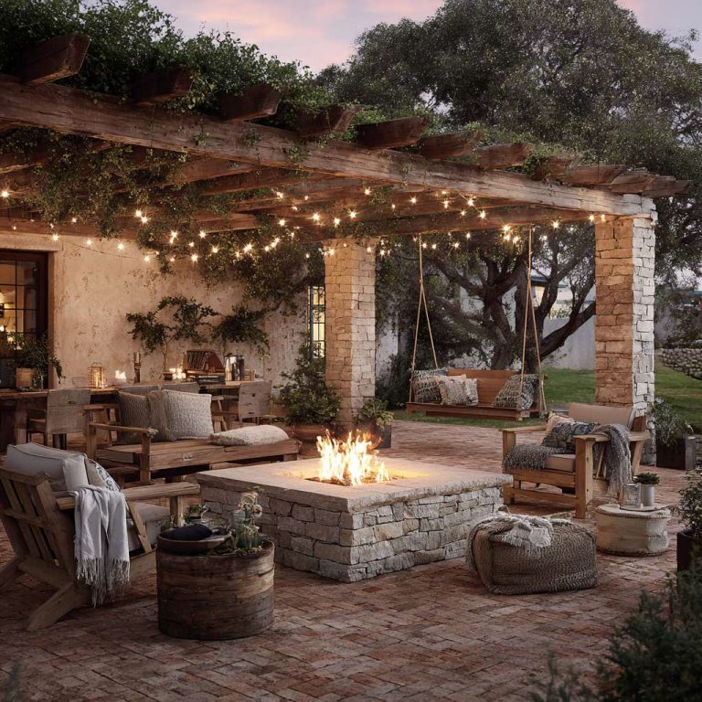 "Cozy outdoor fire pit surrounded by rustic stone, shaded by a vine-draped pergola, with swings and soft seating options, twinkling string lights, creating an inviting atmosphere for gatherings."