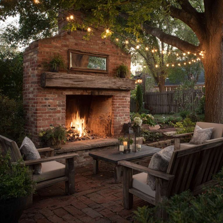 Outdoor fireplace in a country backyard featuring a classic red brick structure, rustic reclaimed wood mantel, bluestone hearth, warm string lights, and a cozy atmosphere, perfect for gatherings and late-night conversations.