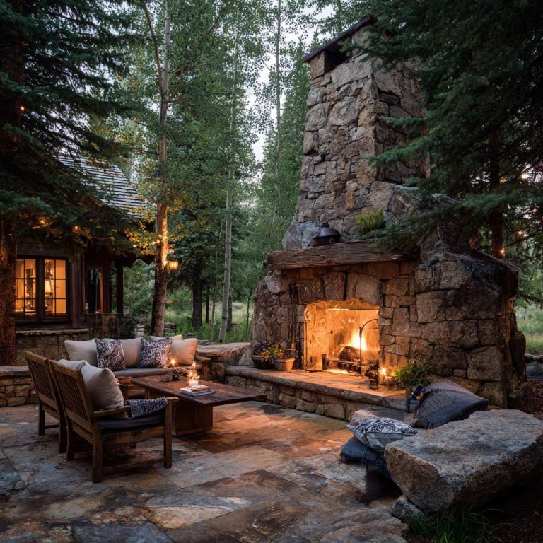 "Rustic outdoor fireplace made of large rough-hewn stones and a reclaimed wood mantel, surrounded by a flagstone patio in a serene forest clearing, creating a cozy gathering spot illuminated by a warm glow, ideal for relaxing under the stars."