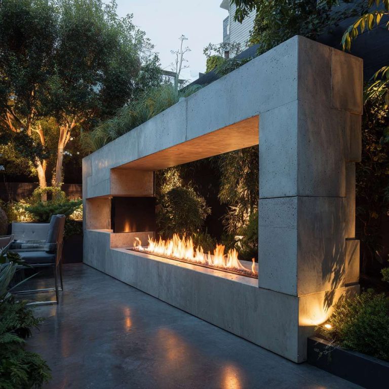 Sleek modern minimalist outdoor fireplace made of light gray concrete on polished patio with linear flame, surrounded by lush greenery and subtle integrated lighting, creating a tranquil retreat for relaxing moments under the stars.