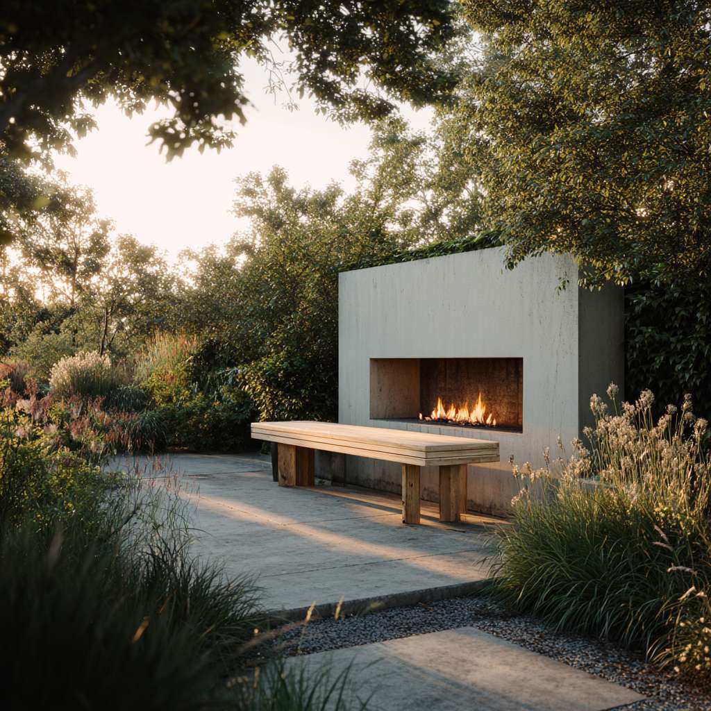 Light gray concrete outdoor fireplace in a serene Scandinavian garden with a simple untreated light wood bench, surrounded by minimalist landscaping, under soft evening light creating a cozy hygge atmosphere for intimate gatherings.